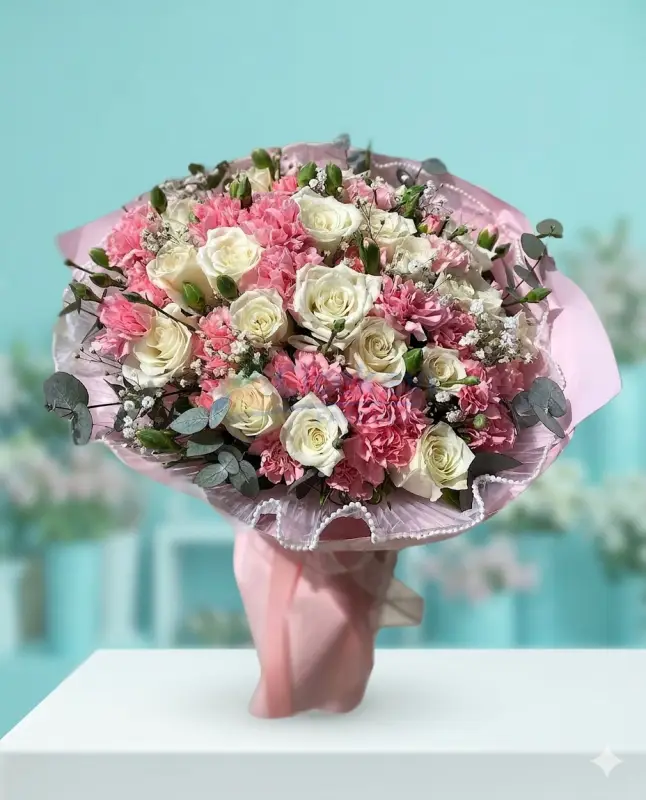 Pembe Karanfil Beyaz Gül Buketi - Atakum Çiçekçim